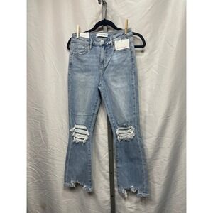Lovervet Light Wash Distressed High Rise Kick Flare Jeans Raw Hem Size 27